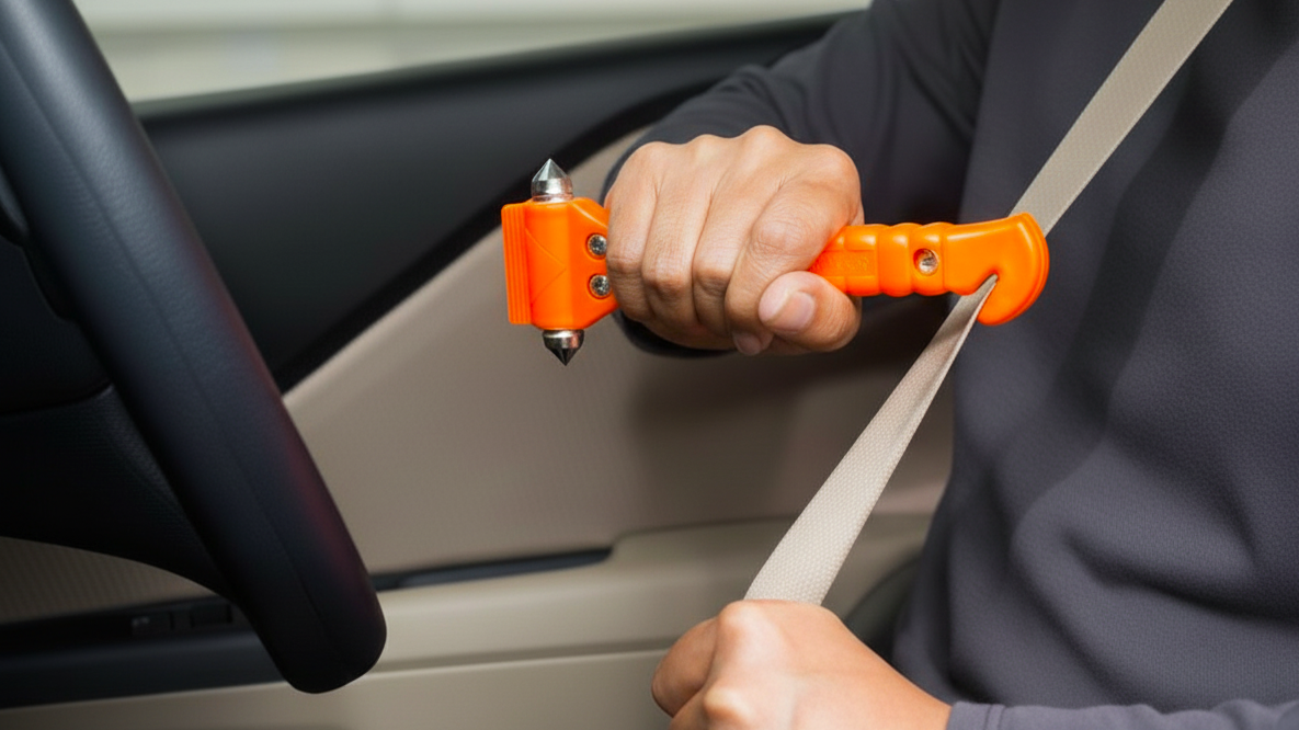 An emergency hammer with a seatbelt cutter