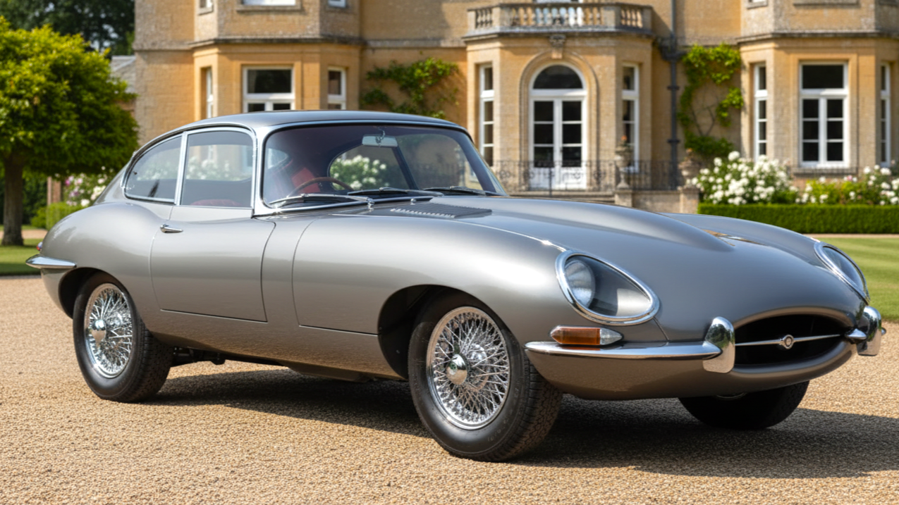 Jaguar E-Type 1961 года серебристого цвета.