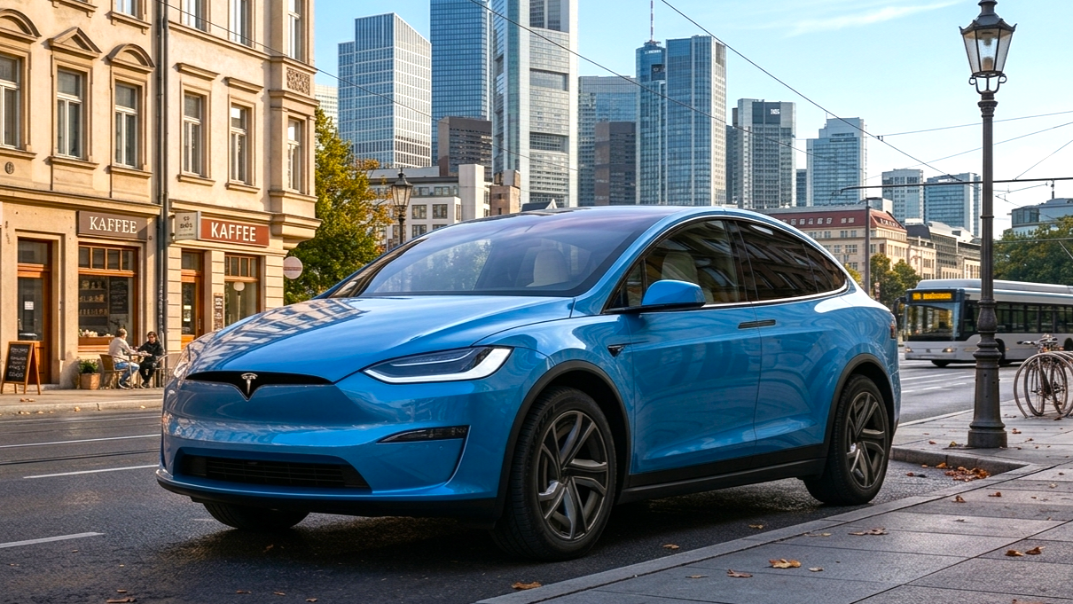 Автомобиль Tesla голубого цвета
